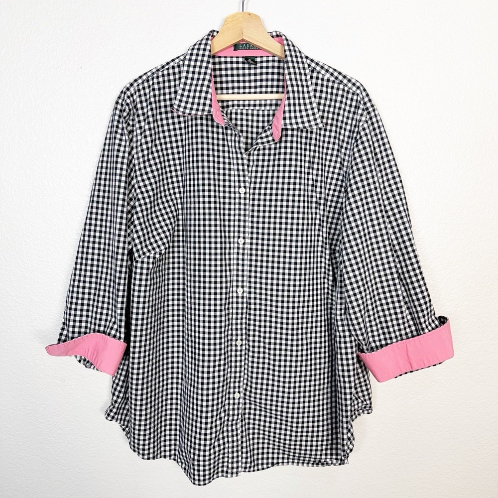Lauren Ralph Lauren Women's Gingham Shirt Plus Size 3X Check Black White Poplin